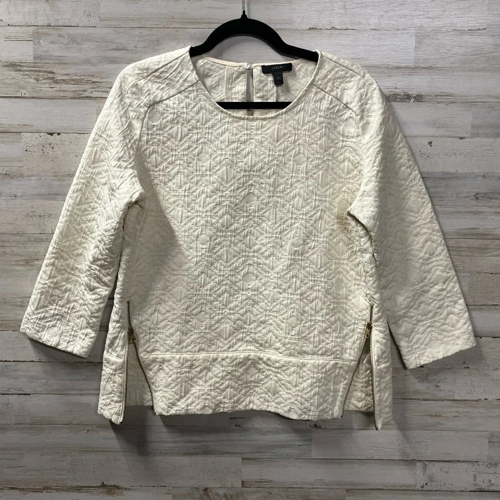 J. Crew Cream Textured Matelasse Boxy Brocade 3/4 Sleeve Zip Top
